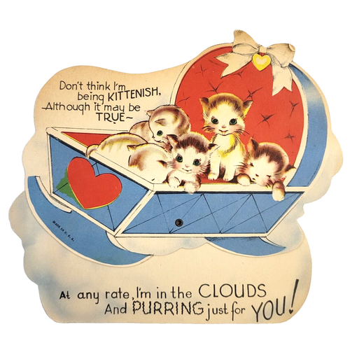 Tarjeta de San Valentín mecánica troquelada gatitos c.1940 Rocking Blue Cradle gatos gatito - Imagen 1 de 4