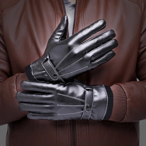 Mens Black Driving Leather Gloves Touch Screen Soft Fleece Lined Thermal Winter - Picture 2 of 15
