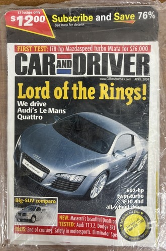 Car and Driver April 2004 - Audi Le Mans Quattro, MazdaSpeed Miata, SUV Comparo - Bild 1 von 2