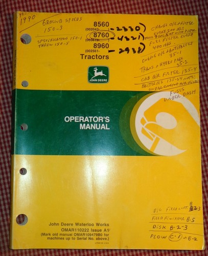 VTG 1991 JOHN DEERE BEDIENUNGSANLEITUNG OMAR110222 AUSGABE A1 8560 8760 8960 TRAKTOREN - Bild 1 von 4