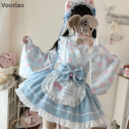 Japanese Sweet Lolita Kimono Dress Kawaii Strawberry Cat Print Bow Apron Maid - Picture 2 of 29