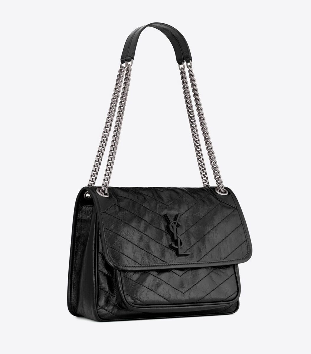 YSL NIKI MEDIUM CHAIN BAG IN CRINKLED VINTAGE BLK LEATHER YSL NIKI MEDIUM CHAIN BAG IN CRINKLED VINTAGE BLK LEATHER
