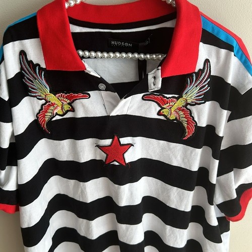 Hudson Outerwear Embroidered Patches 3X Black White Stripe Polo Shirt NWT - Picture 2 of 4