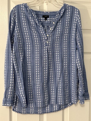 Womens Talbots Floral Chambray Blue White 3/4 Sleeve Woven Blouse Size SP Petite