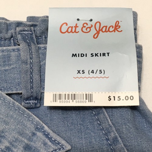 Cat & Jack Girls XS 4/5 Light Blue Denim Elastic Tie Waist Midi Skirt - Picture 3 of 8