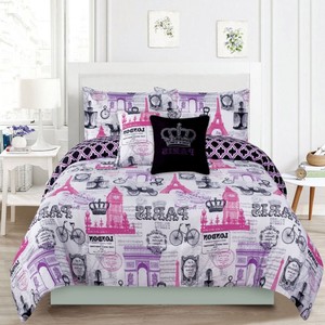 All Sizes Paris Bedding Comforter Set Eiffel Tower Pink Purple