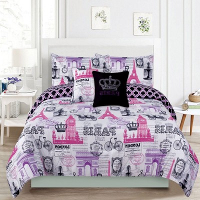 All Sizes Paris Bedding Comforter Set Eiffel Tower Pink Purple