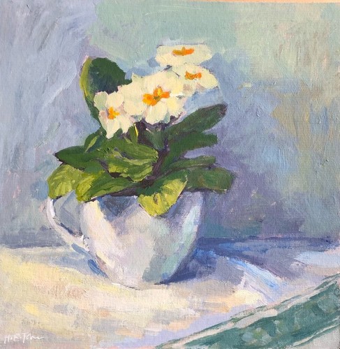HELEN TARR ORIGINAL Prettiest primrose PRIMULA pot plant flower ACRYLIC PAINTING - Picture 1 of 2