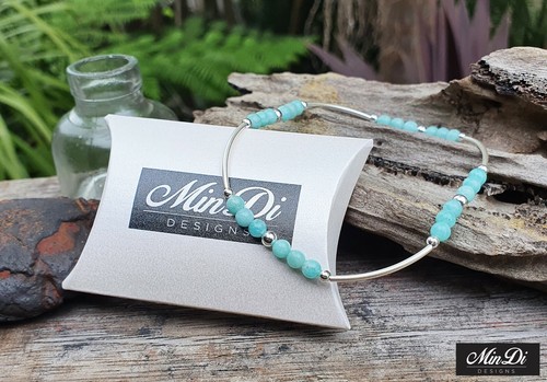 Handmade Stretch Anklet With Genuine Sterling Silver & Amazonite. - Picture 1 of 4