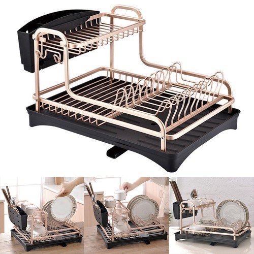 2 Tier Dish Drainer Rack with Drip Tray Cutlery Holder Plate Rack Kitchen Sink - Picture 2 of 9
