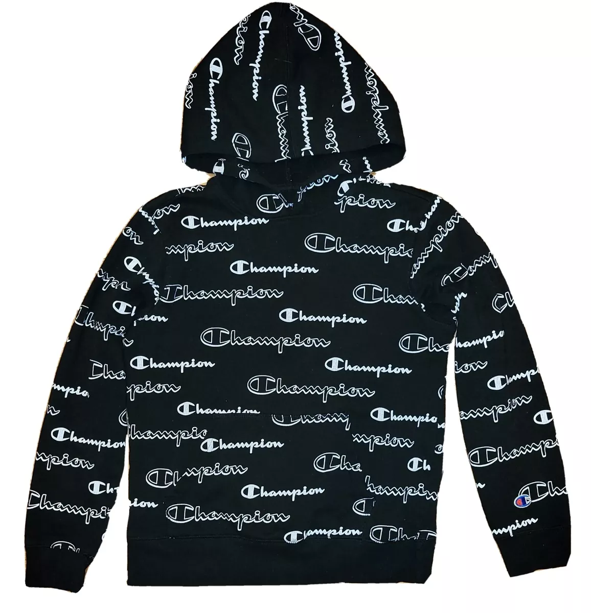 Champion Youth Large Black White Spellout Allover Logo Print Hoodie