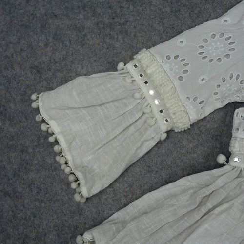 Zara Top Womens Medium White Bohemian Bell Sleeves Embroidered Pom Pom Boho VTG - Picture 6 of 16