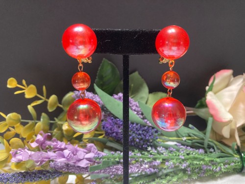 Translucent Iridescent Kool-Aid Orange Lucite Gumball Clip-On Dangle Earrings - Picture 5 of 10