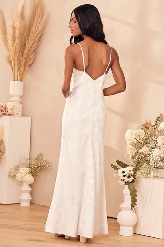 Lulus Promise My Passion White Satin Jacquard Maxi Dress V Neck Floral M - Picture 4 of 9