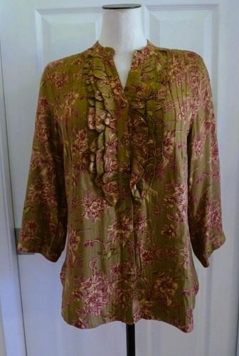 Suave Envolvente Color Otoño Rayón Botánico Toile Volantes Pintucked 3/4Slv Top S - Imagen 1 de 15