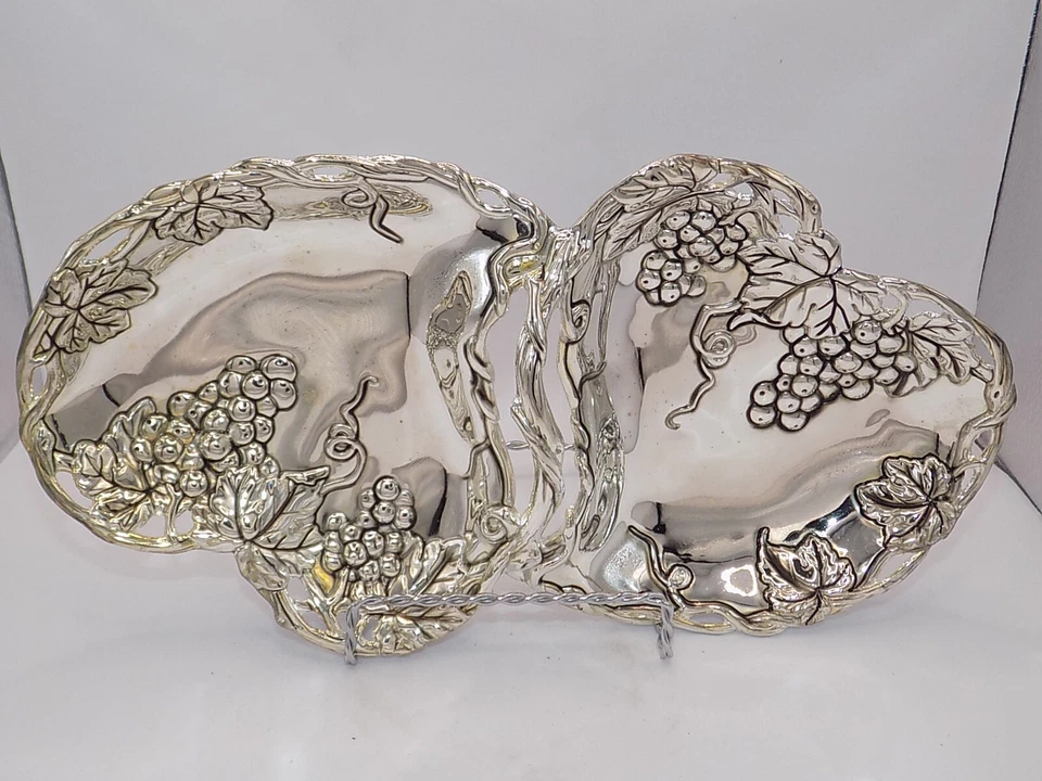 Godinger Double Heart Silver Dish Grape Plated Design Art Serving Candy Trinket - Image 2 of 4