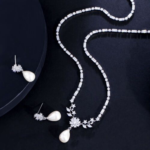 Top Silver Plated CZ Flower Leaf Tennis Pearl Drop Necklace Earrings Jewelry Set - Picture 6 of 9