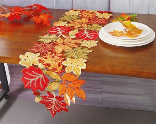 Fall Thanksgiving Table Runner Orange Maple Leaves Harvest Autumn Holiday Par... - Picture 2 of 5