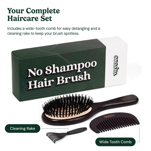 NEW Vayose Boar Bristle Hair Brush Set - No Shampoo Brush - Reduces Oil & Flakes