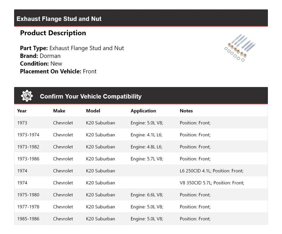 Para Chevrolet K20 Suburban Dorman 1973-1986 brida de escape perno y tuerca delantera Foto 2 de 4