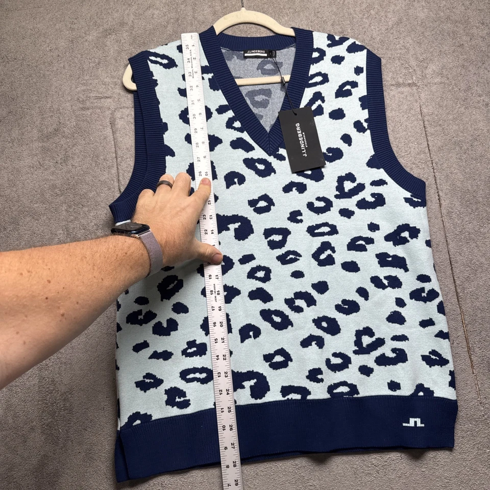 Chaleco Suéter Tejido Leopardo Azul Blanco J Lindeberg Elian Para Hombre Mediano Golf Y2K Foto 4 de 4