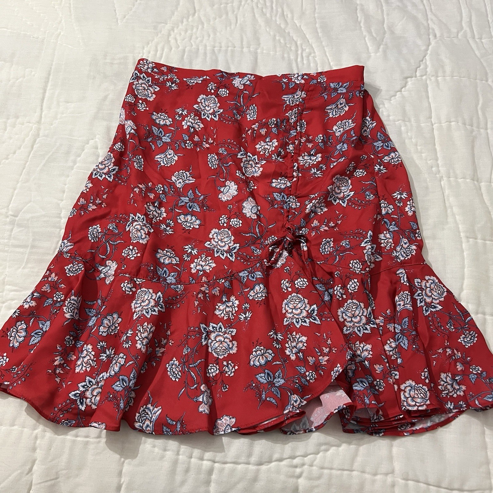 MAX STUDIO Medium~ Boho Cottagecore Fairy Ruched Ruffle Red Blue Floral Skirt