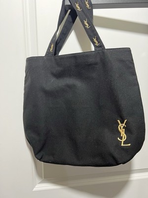 Yves Saint Laurent YSL Black Tote Bag Gold Embroidered Logo Rare