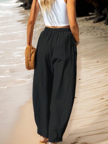 Pantalone donna vita alta relaxed fit con elastico in vita e tasca utility - Foto 6 di 18
