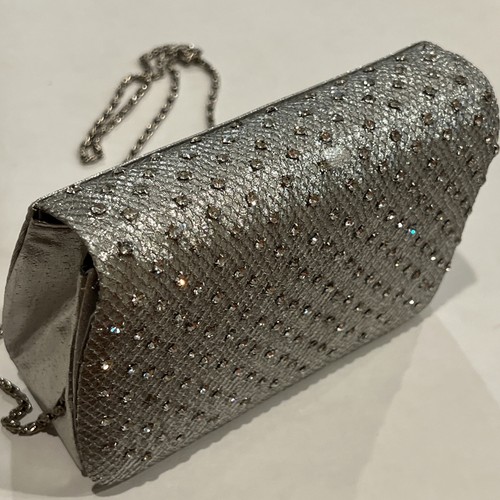 Schöne Vintage Clutch Handtasche mit Krappen besetzt Strass silberfarben Kette - Bild 11 von 17