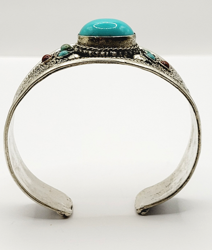 Tibetan Silver Wide Open Cuff with Faux Inlaid Stones Vintage 1980s Bracelet - Picture 5 of 24