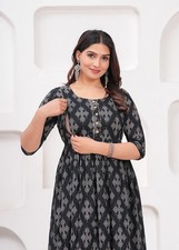 Hand Block print cotton black maxi round neck long feeding post pregnancy dress