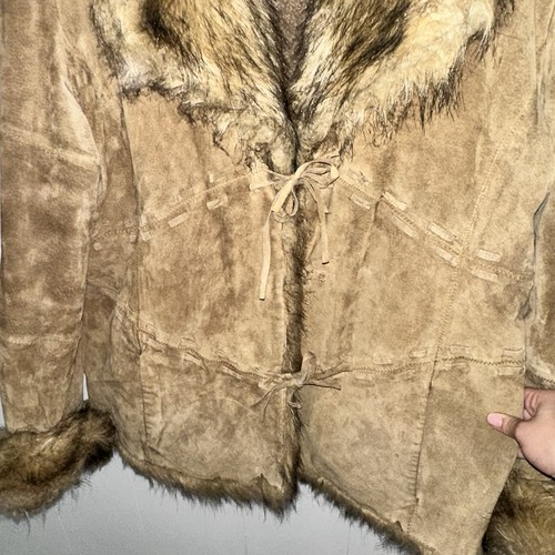 XOXO Long Sleeve Leather Faux Fur Coat Brown Size XL Y2K Bell Sleeve Womens Rare - Picture 3 of 19
