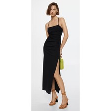MNG Mango Ruched Midi Dress Womens Size 10 Square Neck New Black Sleeveless