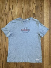 Life Is Good T-Shirt Gray Man Dog Pickup Truck Graphic Cotton Casual Dad