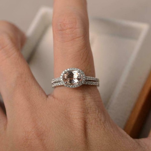 2ct Natural Peach Morganite Ring Bridal Set Halo 14K White Gold Plated - Picture 5 of 7