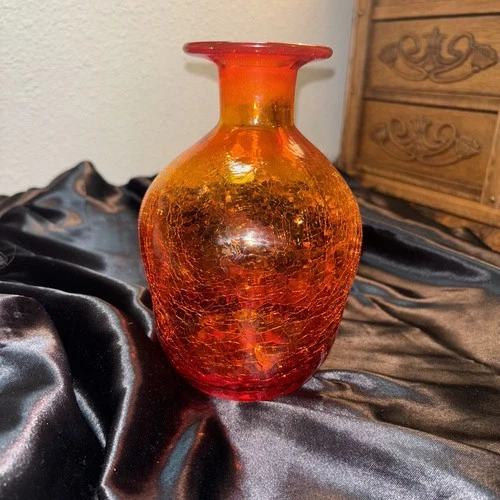 BLENKO PINCHED Decanter – Tangerine Crackle Glass – No Stopper