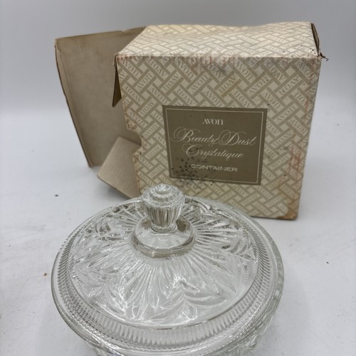 Vintage Avon Beauty Dust Crystalique Glass Powder Jar w Lid & Box 1970s Fosteria
