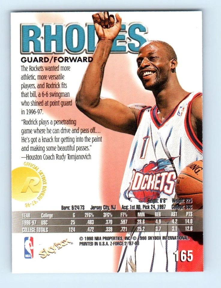 1997-98 SkyBox Z-Force Rodrick Rhodes Houston Rockets #165 - Image 2 of 2