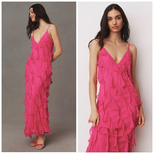 BHLDN Jia Schrägschnitt Rüschen V-Ausschnitt Kleid in Cotton Candy Pink Größe 8 Anthropologie - Bild 3 von 16