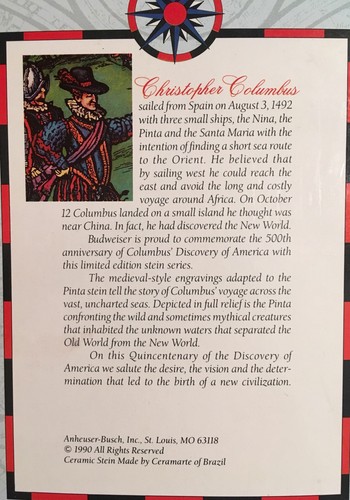 Stein Anheuser "PINTA" Discover Am. 1989, MINT, COA, Original Box, Numbered - Picture 9 of 9