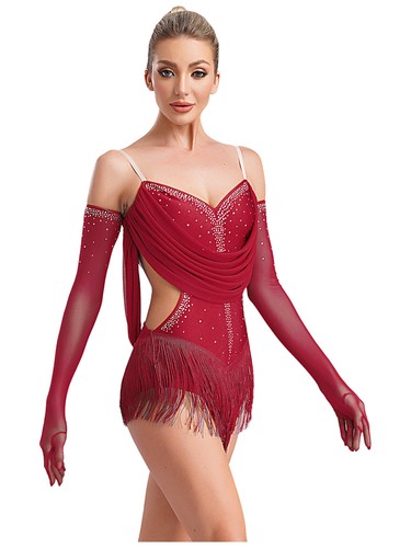 Women Latin Dance Dress Sleeveless Ruffle Mesh Adjustable Straps Leotard Stage - Picture 104 of 110