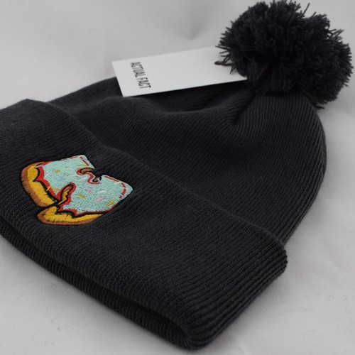 Actual Fact "W" x Green Donut Hip Hop Roll Up Bobble Pom Pom Charcoal Beanie Hat - Picture 3 of 3