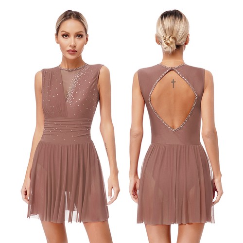 Damen Schlittschuh Lyrisches Kleid Strass Cutout Rücken Ärmellos Rüschenkleid - Bild 39 von 65