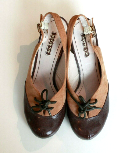 ALL BLACK Women Retro Wedge Stacked Heels Tan Brown Leather 7 7.5 38 Shoes - Picture 2 of 8