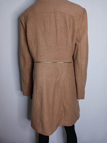 Iman tan wool coat size Large Long Jacket Double Breasted Zippers Deco L - Picture 11 of 20