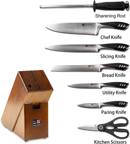 Premium 8 Piece German Steel Kitchen Knives Set with Wood Block Chef Knife Set - Picture 8 of 8