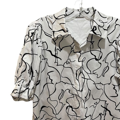 Elie Tahari Graphic Puff Sleeve Button Up Short Sleeve Top White Size Small - Picture 5 of 11