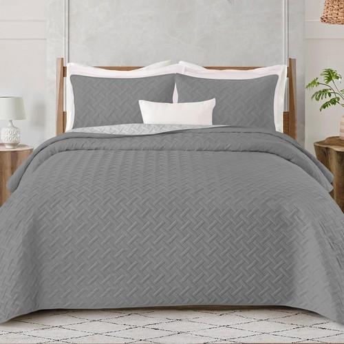 3 Piece Quilted Bedspread Basket Weave Bed Throw Single Double King Bedding Set - Picture 72 of 108
