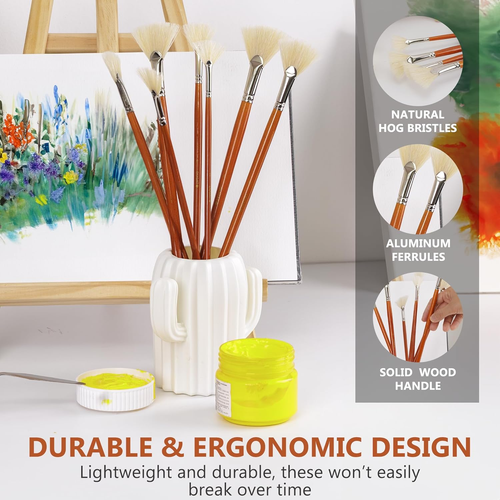Artist Fan Paint Brush Set of 7, White Hog Bristle Natural Hair Anti-Shedding Br - Picture 5 of 12
