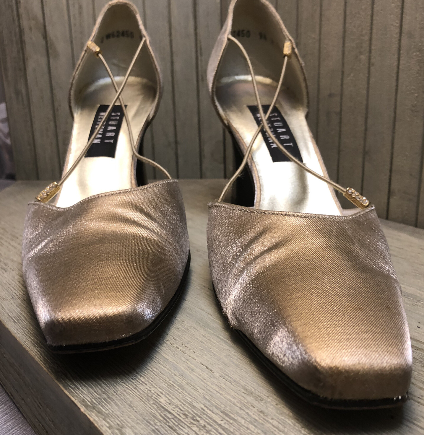 Stuart Weitzman Gold Shimmer Fabric Block Heels w… - image 3